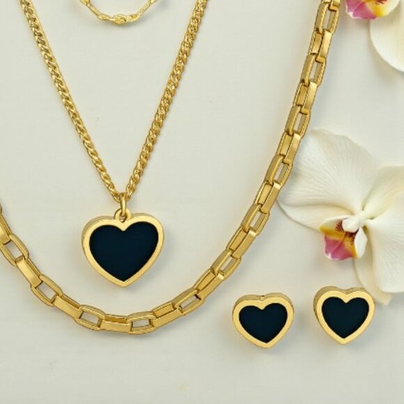 Elegant 18K Gold Plated Triple Layer Necklace & Heart Earrings Trendy Set ✨ - Picture 13 of 13